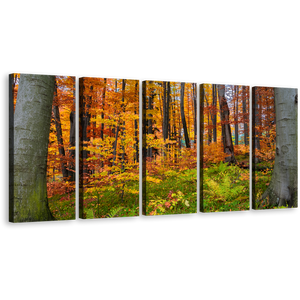 Autumn Forest Canvas Wall Art, Green Forest In Fall Canvas Print, Orange Trees Landscape 5 Piece Canvas