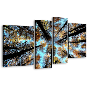 Autumn Forest Canvas Wall Art, Looking Up Blue Sky Canvas Set, Yellow Scotland Trees Multi Canvas Artwork, Looking Up Grove of Trees 4 Piece Canvas Print