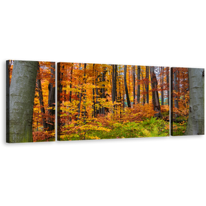 Autumn Forest Canvas Wall Art, Orange Trees Landscape 3 Piece Canvas Print, Green Triptych Forest In Fall Multi Canvas