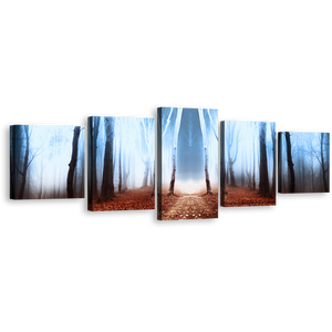Autumn Forest Wall Art, White Fog Mystic Magical Forest 5 Piece Canvas Print, Brown Autumn Fairytale Forest Multiple Canvas