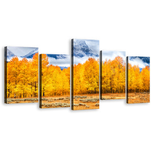 Autumn Landscape Canvas Print, White Clouds Covered Mountain Canvas Set, Orange Autumn Trees Grand Tetons National Park 5 Piece Wall Art