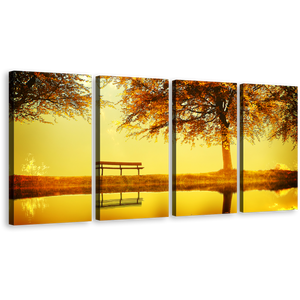 Autumn Tree Canvas Wall Art, Greenbelt Bench Orange River Canvas Print, Yellow Sunset River Lake 4 Piece Multi Canvas Artwork