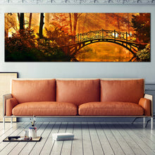 Load image into Gallery viewer, Autumn  Forest  Canvas  Wall  Art  Yellow  Orange  Forest  Sunshine  Canvas  Artwork  Green  Mystic  Park  Trees  Canvas  Print  Bridge  Reflection  River  Living  Room  1  Piece  Canvas For Living Room
