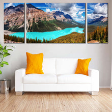 Load image into Gallery viewer, Banff  National  Park  Canvas  Wall  Art  Alberta  Green  Mountains  Trees 3  Piece  Canvas  Print  Blue  Peyto  Lake  Cloudy  Sky  Multi  Canvas For Living Room

