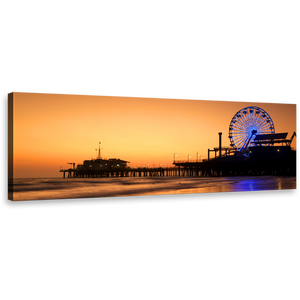 Beach Pier Canvas Wall Art, Santa Monica Orange Ocean Sky Panoramic Canvas, Blue Neon lit Ferris Wheel Canvas Print, Beautiful Ocean Beach Sunset Canvas Artwork