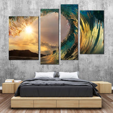 Load image into Gallery viewer, Beach  Wave  Canvas  Wall  Art  Yellow  Clouds  Sunset  With  Wave    4  Piece  Canvas  Print In Bedroom
