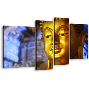 Beautiful Buddha Canvas Print, Serene Wisdom Peaceful Golden Buddha Quadriptych 4 Piece Canvas Wall Art