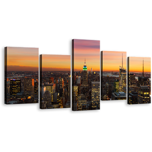 Beautiful City Canvas Wall Art, Grey Canada City Yellow Sky 5 Piece Canvas, Manhattan New York City Skyline Canvas Print