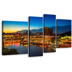 Beautiful Cityscape Canvas Wall Art, Blue Sky Harbors Canals Seascape 4 Piece Multiple Canvas, Yellow Singapore City View Reflection Canvas Print