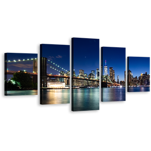 Beautiful Manhattan Canvas Wall Art, Black New York Cityscape Multi Canvas Artwork, Brooklyn Bridge at Blue Sky 5 Piece Canvas Print