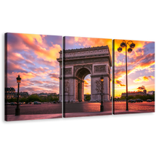 Load image into Gallery viewer, Beautiful Paris Canvas Wall Art, Place de l'Etoile Paris Multi Canvas, Yellow Purple Sunset Sky Canvas Set, Arc de Triomphe 3 Piece Canvas Print
