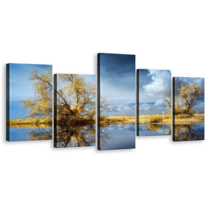 Beautiful Scenery Canvas Wall Art, Cloudy Blue Sky Scenery Canvas Print, Green Trees lake Reflection Scenery 5 Piece Multiple Canvas
