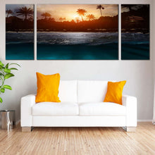 Load image into Gallery viewer, Beautiful Beach Canvas Wall Art Yellow Sunset Sky  3 Piece Canvas Scenery Trees Canvas Set Grey Sea Waves Ocean Beach Canvas Print In Living room
