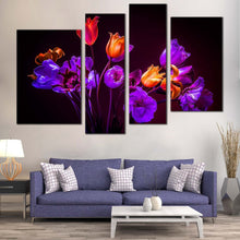 Load image into Gallery viewer, Beautiful Flowers Canvas Wall Art Purple Orange Tulips Floral  4 Piece Canvas Blue Tulips Flowers Dark Background Canvas Print For Living Room
