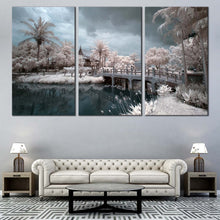 Load image into Gallery viewer, Beautiful Scenery Canvas Wall Art Grey Cloudy Sky  3 Piece Canvas Print Thailand Temple Water Bridge Multiple Canvas Wat Chalerm White Trees Canvas Set For Living Room
