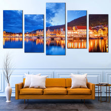 Load image into Gallery viewer, Bergen City Canvas Wall Art Norway Blue Lake Cloudy Sky Multi Canvas Artwork Orange Boats Houses City Reflection  5 Piece For Living Room
