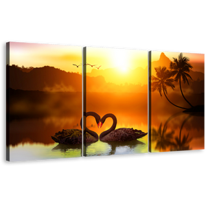 Bird Romance Canvas Wall Art, Black Swans Swimming in Lake 3 Piece Canvas Print, Orange Sunset Love Swan Canvas Set