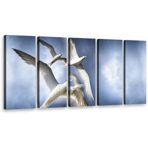 Birds Ascend Wall Art, Majestic White Dove Soaring Canvas Multi-panel Print, Blue Sky Birds 5 Piece Canvas Print