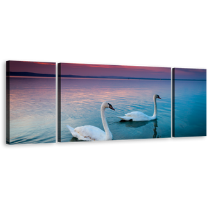Birds Couple Canvas Print, Balaton Blue Lake Swans 3 Piece Wall Art, Beautiful White Mute Swans Swimming Canvas Set