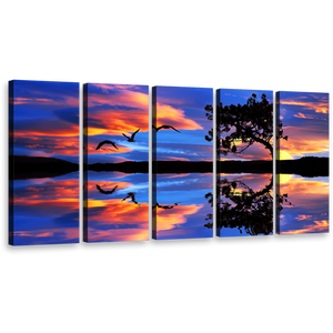 Birds Lake Canvas Print, Blue Sky Flying Birds 5 Piece Wall Art, Orange Sunset Tree Reflection Canvas Set