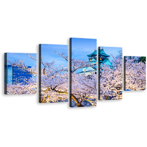 Blossom Trees Canvas Wall Art, Blue Osaka Castle 5 Piece Multi Canvas Artwork, Purple Autumn Trees Park Canvas Print