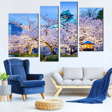 Load image into Gallery viewer, Blossom Trees Canvas Wall Art Blue Osaka Castle 4 Piece Multi Canvas Artwork Purple Autumn Trees Park Canvas Print 
