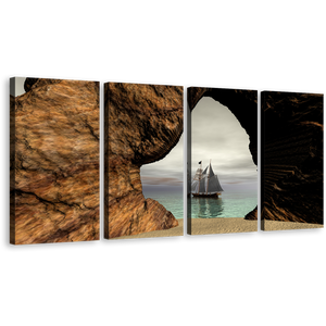 Boat Ship Canvas Print, Sailing Pirate Boat Ship in Brown Cave Seascape 4 Piece Wall Art, Amazing Grey Sky Sea Multi Canvas