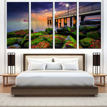 Load image into Gallery viewer, Boulders Sea  Canvas Wall Art Blue Sky Pier Seascape 4 Piece Canvas Print Green Pier Sunset Multi Canvas For Bedroom

