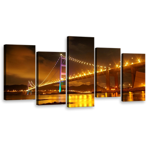 Bridge Lights Wall Art, Beautiful Purple Green Tsing Ma 5 Piece Multiple Canvas, Hong Kong Yellow City Bridge Canvas Print
