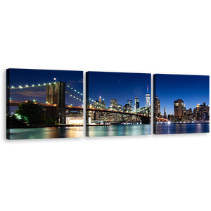 Brooklyn Bridge Canvas Print, Black New York City Skyline Multi Canvas, Blue Manhattan Sky 3 Piece Canvas Wall Art, Beautiful NYC Night Canvas Set