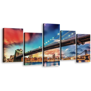 Brooklyn Bridge Canvas Print, Blue Sky Manhattan Bridge 5 Piece Canvas Wall Art, New York Cityscape Digital Painting Multi Canvas Artwork