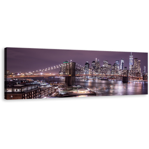 Brooklyn Bridge Canvas Print, Brown NYC View From Brooklyn 1 Piece Canvas Wall Art, Purple Manhattan Digital Painting Wide Canvas