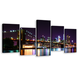 Brooklyn Bridge Canvas Print, Colorful New York Skyline Multi Canvas Artwork, NYC Water Reflection 5 Piece Canvas Wall Art