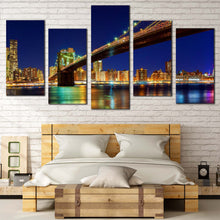 Load image into Gallery viewer, Brooklyn Bridge Canvas Print Blue Sky Manhattan Skyline  5 Piece Canvas Wall Art Yellow New York City Multiple Canvas For Bedroom
