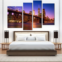 Load image into Gallery viewer, Brooklyn Bridge Canvas Wall Art Blue New York Manhattan Skyline 4 Piece Canvas Print Brown Freedom Tower Night Cityscape  Canvas Artwork 
