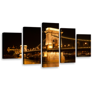 Budapest City Wall Art, Amazing Black Danube River City Bridge Canvas Set, Széchenyi Gold Chain Bridge 5 Piece Canvas Print