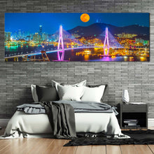Load image into Gallery viewer, Busan Port Canvas Print Colorful City Mountains Moon 1 Piece Canvas Wall Art South Korea Cityscape Bridge Wide Canvas For Bedroom
