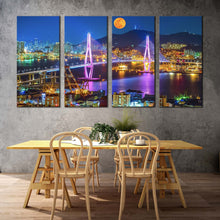 Load image into Gallery viewer, Busan Port Canvas Print Colorful City Mountains Moon 4 Piece Canvas Wall Art South Korea Cityscape Bridge Canvas Set For Dining Room

