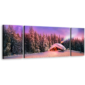 Cabins Mountain Wall Art, Ukraine Purple Trees Scenery 3 Piece Canvas Print, Blue Starry Sky Forest Canvas Set