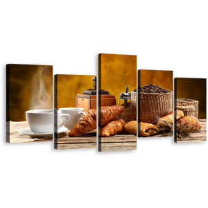 Cafe Breakfast Canvas Wall Art, White Coffee Cup Beans Multiple Canvas, Brown Coffee Canvas Photography 5 Piece Canvas Print