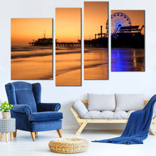 Load image into Gallery viewer, California Ocean Canvas Print Orange Ocean Beach Living Room 4 Piece Canvas Wall Art Blue Neon-lit Ferris Wheel Multi Canvas Santa Monica Beach Pier Sunset Canvas Set For Living Room
