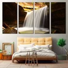 Load image into Gallery viewer, Calming Waterfall Canvas Wall Art White Waterfall Nature Canvas Print Yellow Rocks Waterfall River  4 Piece Canvas For Bedroom

