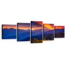 Load image into Gallery viewer, Caucasus Ridge Canvas Wall Art, Georgia Mestia Landscape Canvas Set, Dramatic Orange Sunbeams Sky 5 Piece Canvas, Europe Ushba Blue Mountain Canvas Print
