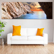 Load image into Gallery viewer, Cave  Ocean  Canvas  Wall  Art  Yellow  Cloudy  Sunset  Sky  Canvas  Artwork  Brown  Ocean  Rocks  Living  Room  1  Piece  Canvas  Print For Living Room
