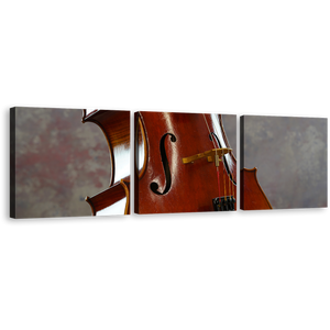 Cello Instrument Canvas Wall Art, Brown White Cello Close Up 3 Piece Multi Canvas Artwork, Isolated Cello Canvas Print