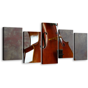 Cello Music Canvas Print, Brown Cello Instrument 5 Piece Canvas Wall Art, White Isolated Cello Close Up Multiple Canvas
