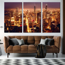 Load image into Gallery viewer, Chicago city streets buildings lights 3 piece wall art For Living Room
