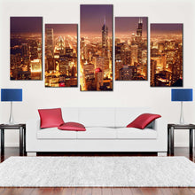 Load image into Gallery viewer, Chicago downtown city Skyline at night 5 panel wall art In Living room
