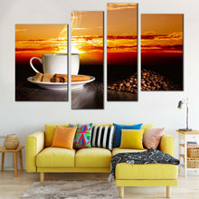 Load image into Gallery viewer, Cinnamon Sticks Canvas Print White Cup Of Hot Coffee Canvas Set Brown Coffee Beans  4 Piece Canvas Wall Art Yellow Red Cloudy Sunset Sky Multi Canvas 
