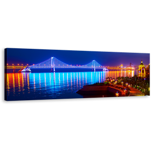 City Beach Canvas Wall Art, Blue Orange Luminous Bay Bridge Reflection and Night Lights Panoramic Canvas Print